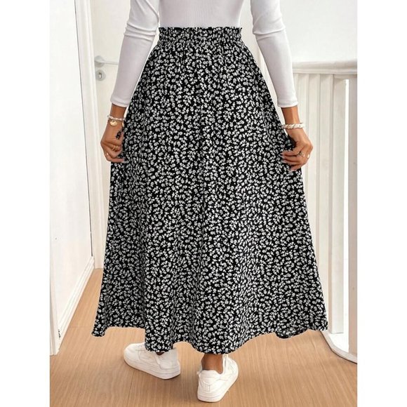 Boho floral print maxi skirt thigh slit black white - Picture 2 of 6